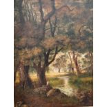 BRITISH, 19th century, WILKINSON? oil on canvas woodland scene with river and boy fishing,