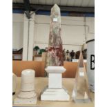 A green/brown obelisk on marble plinth, height 16cm; a Perspex pyramid; a part classical column