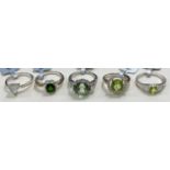 5 sterling silver dress rings:- 1 set with cushion chrome Diopside stone, 1.03 carat; 1 set with