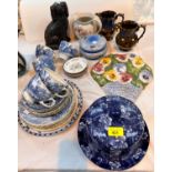 A "Rural Scenes" blue & white 16 piece part tea set; an ironstone cheese dish; decorative pottery