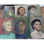 Six various mid 20th century oil portraits on board, unframed