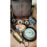 3 wall hanging barometers; an Art Deco clock; a slope front wooden correspondence box; miner's