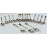 A hallmarked silver set of 6 enamelled coffee spoons; other hallmarked silver spoons, various dates,
