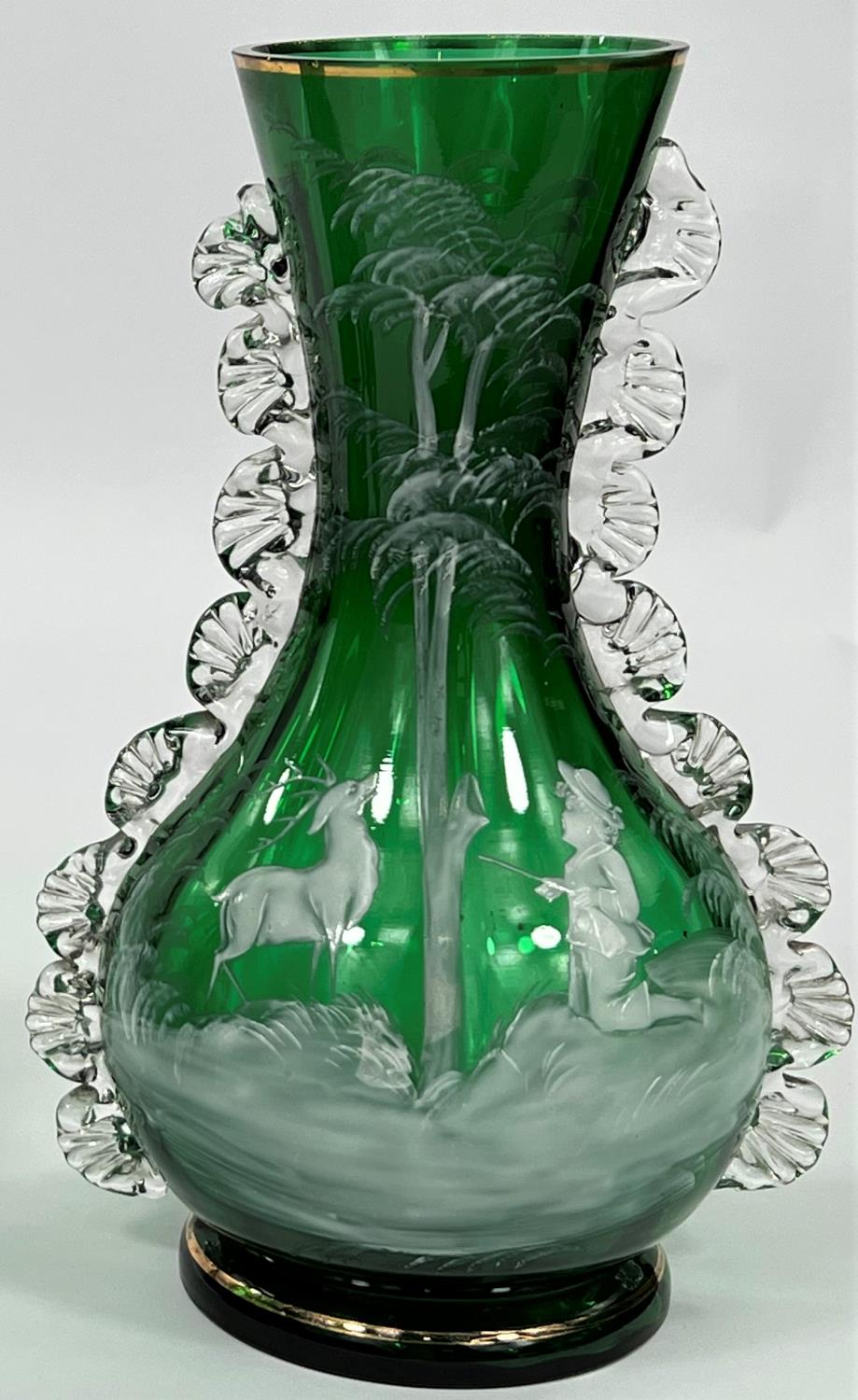 A pair of Mary Gregory green glass vases decorated with boy hunter and stags, height 25cm (1 - Image 3 of 6