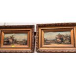 19th century rural scenes with figures of animals outside cottages, pair of oil on canvases,