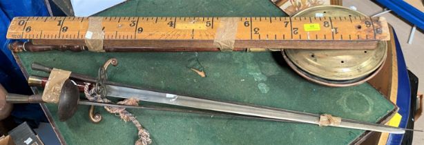 A 19th century warming pan; 2 large rulers; 2 fencing foils; a reproduction sword