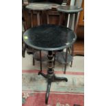 A 19th century ebonised and gilded wine table on tripod base; a pair of oak octagonal 2 tier plant