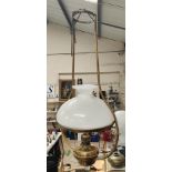 A Victorian brass ceiling hanging centre light/lamp with opaque glass shade