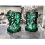 A pair of "Malachite glass" candlesticks in he manner of Frantisek Pazourek, decorated with