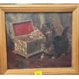 20th Century:  Kittens playing with a jewellery box, oil on canvas, signed indistinctly, 29 x