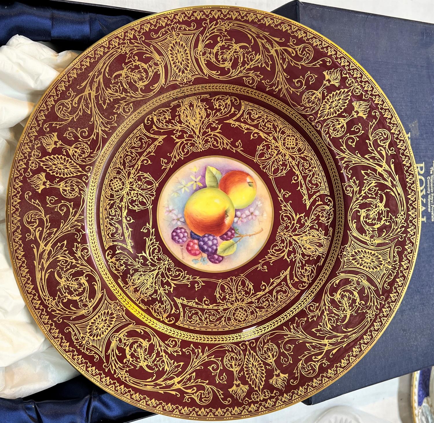 A Royal Worcester plate with hand painted central fruit panel, signed D Shinnie, red ground and - Image 2 of 4