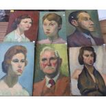 Six various mid 20th century oil portraits on board, unframed