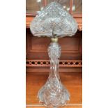 An Art Deco period large cut glass table lamp with mushroom shade, 59cm height