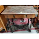 A late 18th/early 19th century oak and stained wood side table with frieze drawer, on turned legs
