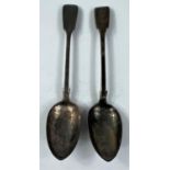 Two hallmarked silver fiddle pattern basting spoons, London 1839 & 1867, 10 oz