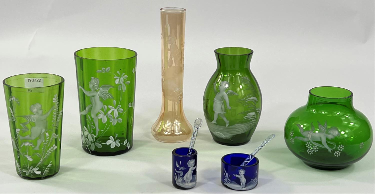 A pair of Mary Gregory green glass vases decorated with boy hunter and stags, height 25cm (1 - Image 5 of 6