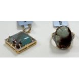 A 9ct gold square Aquaprase and white Zircon pendant; a similar 9ct gold dress ring set with oval