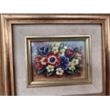 Two limited edition framed hand painted enamel plaques of flowers signed Reed, Kingsley, boxed