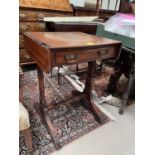 A mahogany inlaid drop leaf Pembroke table and single drawer turned bamboo effect cowed legs and