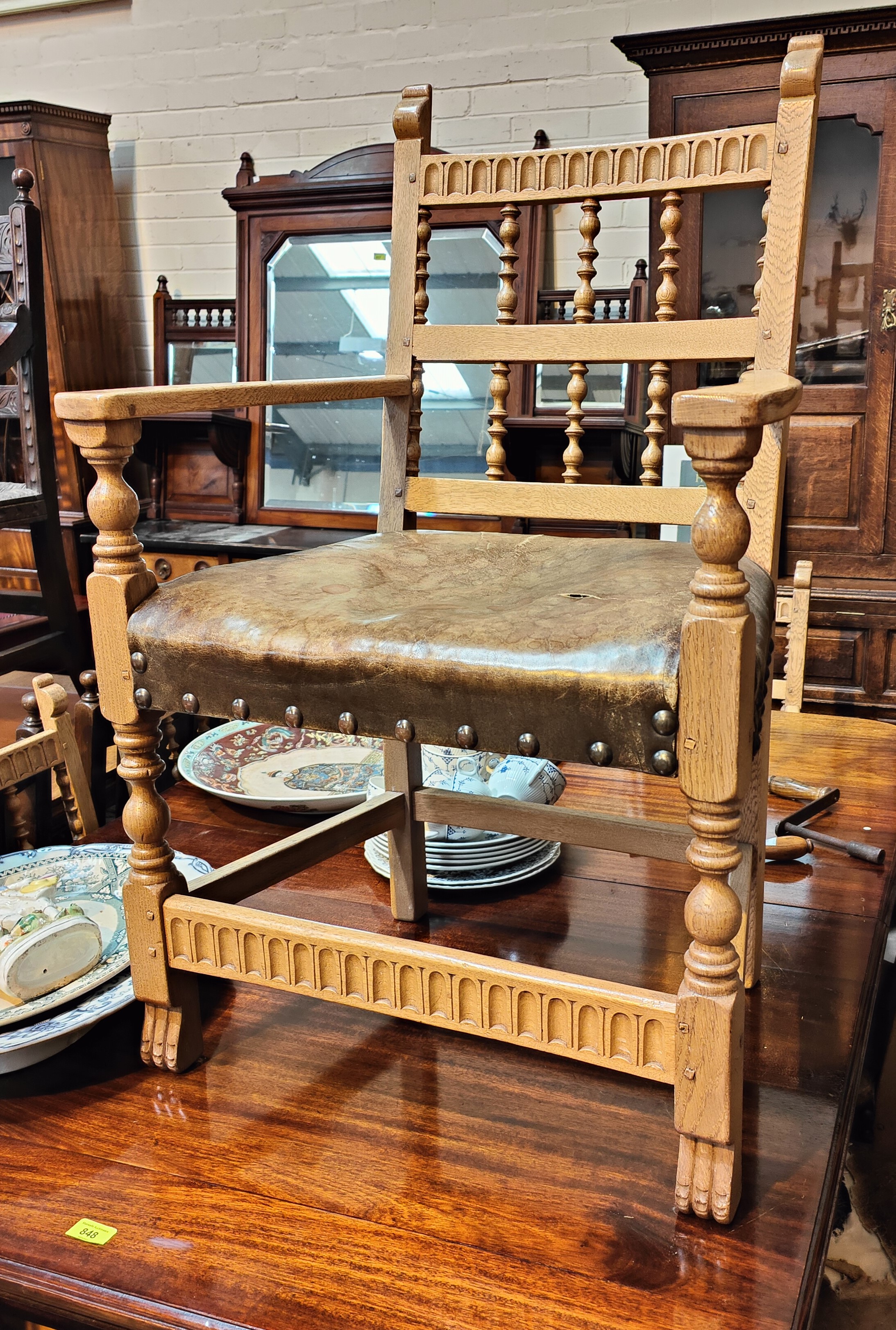 A set of 6 limed oak dining chairs with turned supports, overstuffed seats