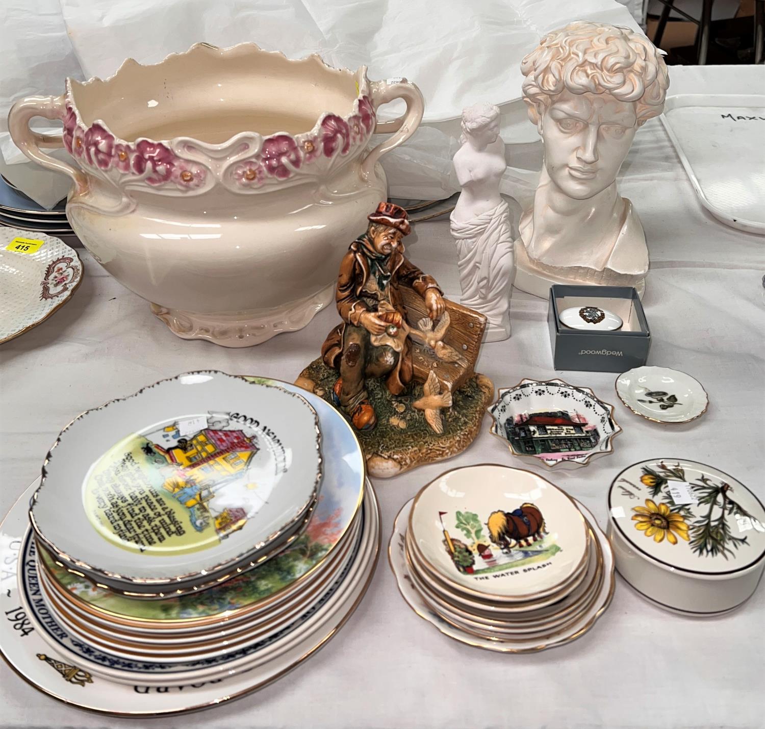 A large Art Nouveau "Born" jardiniere + decorative plates and china.