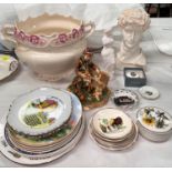 A large Art Nouveau "Born" jardiniere + decorative plates and china.
