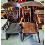 A 19th century lathe back rocking armchair; a 19th century stick back armchair