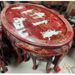 A modern Chinese nest of 7 occasional tables in red lacquer with raised simulated hardstone figures,