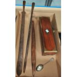 A brass mounted hardwood writing box; tribal spear head etc.