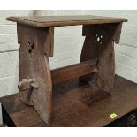 An oak period style stool on stretcher and peg supports; an Edwardian 3 height wall shelf; and