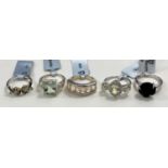 Five hallmarked silver dress rings - 1 set black Obsidian, 1 x Prasiolite, 1 x Sillimanite and white