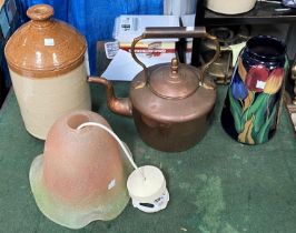 A 19th century copper kettle; a stoneware flagon; a 1930's 'Jacobean' vase; a framed set of