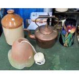 A 19th century copper kettle; a stoneware flagon; a 1930's 'Jacobean' vase; a framed set of