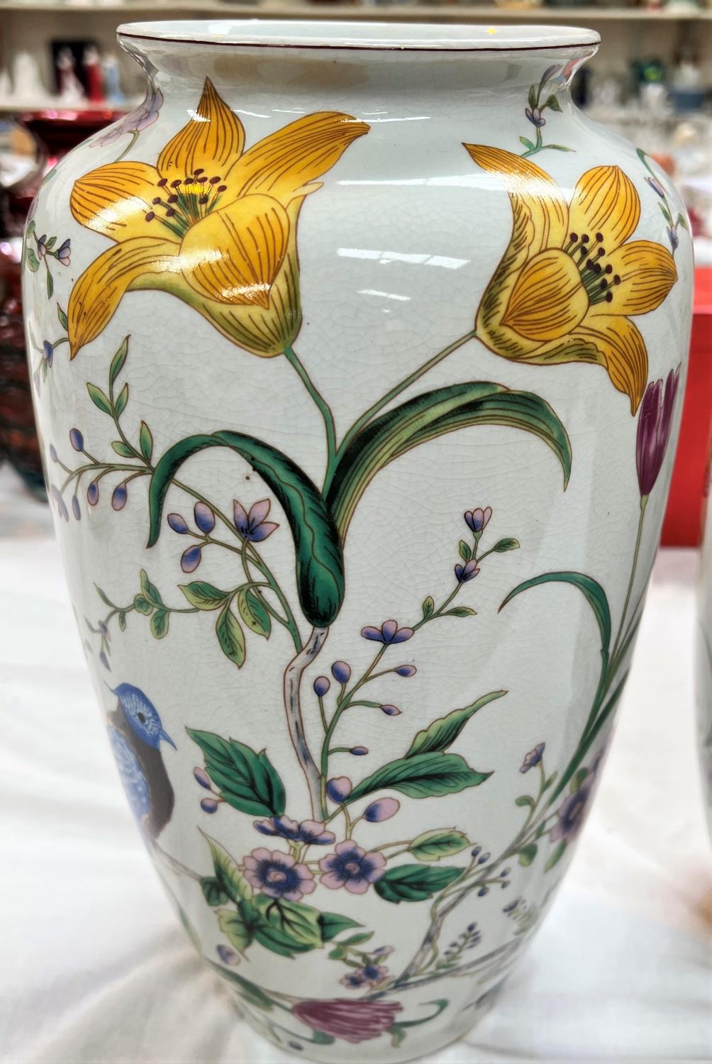 A modern Chinese pair of crackle glaze vases decorated with flowers and birds, height 36cm - Image 2 of 4