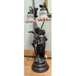 A bronzed table lamp in the form of 2 children, with double swan neck fittings (arm a.f.)
