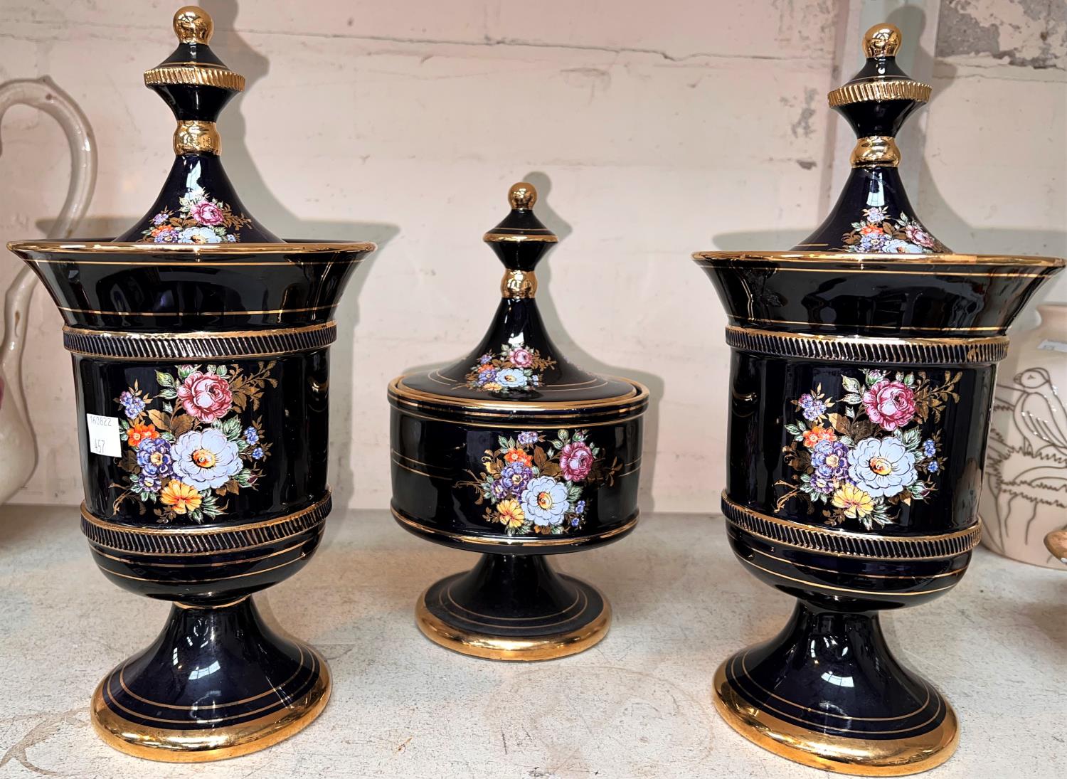 Three blue and gilt china urns; decorative modern china - Image 6 of 7