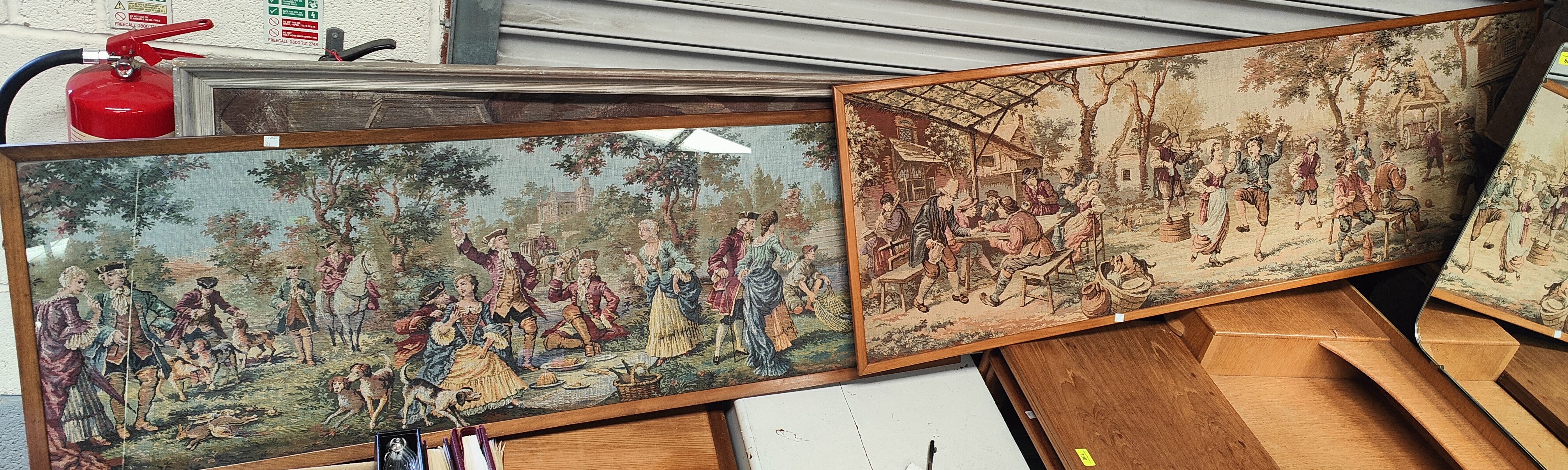 Three machine made tapestry picture depicting 18th century scenes