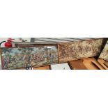 Three machine made tapestry picture depicting 18th century scenes