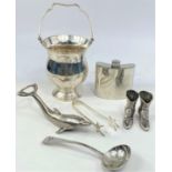A hallmarked silver small ladle and a selection of plated goods including hip flasks etc