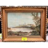 Richard Simm: Oil on board,, castle and cathedral beyond a lake scene in gilt frame 18 x 21cm