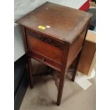 An early 20th century mahogany work box with hinged top and drawer; a small folding occasional table
