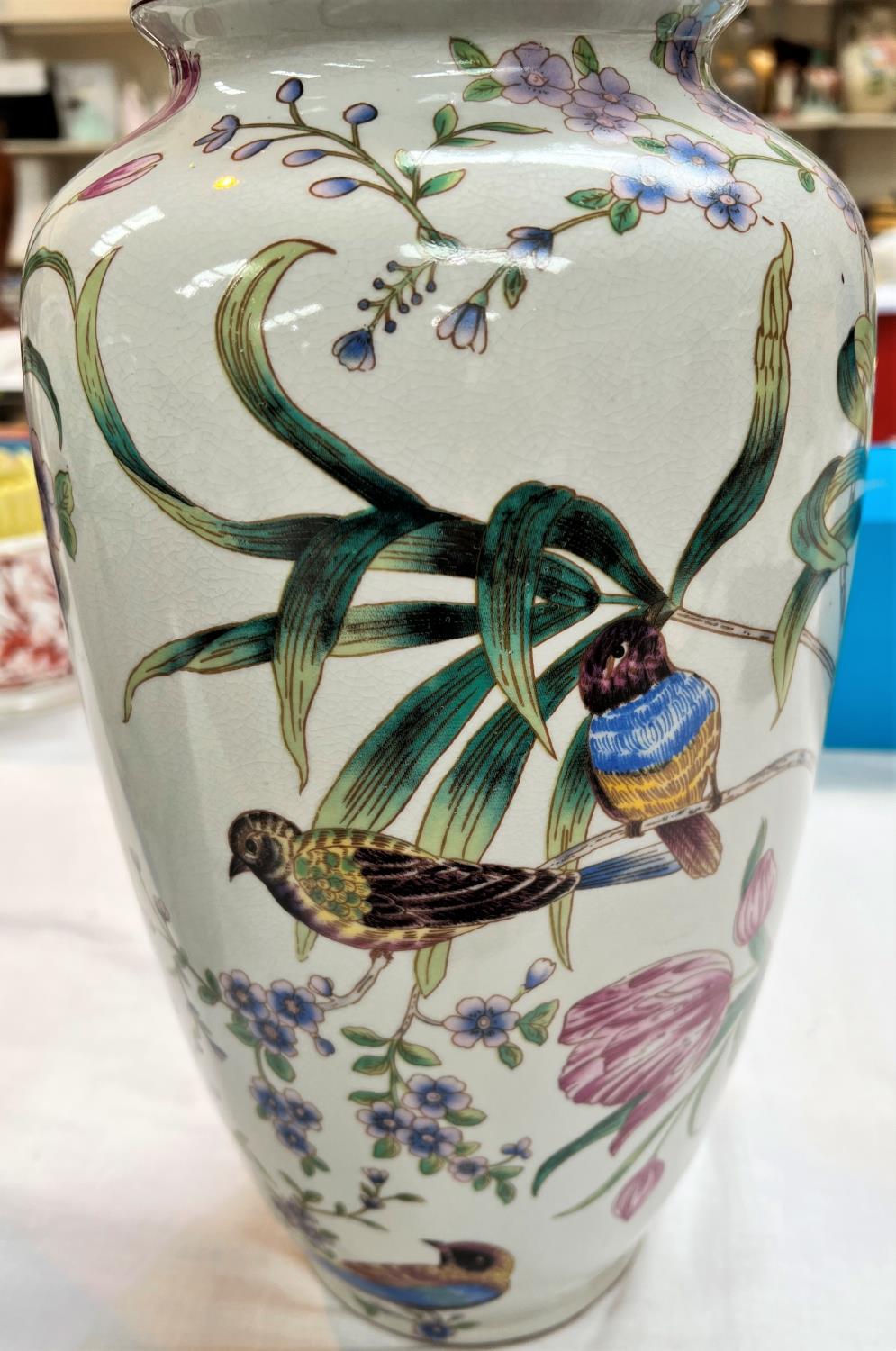 A modern Chinese pair of crackle glaze vases decorated with flowers and birds, height 36cm - Image 3 of 4