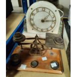 An Art Deco table lamp in white/green marble; a set of postage scales