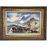 A Bronte Ceramic large hand painted plaque depicting highland cattle with loch and bridge, signed