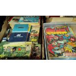 A selection of boxed diecast cars, children's books, Giles annuals, comics etc