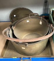 A brass tray; a brass warming pan; 3 jam pans