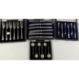 Four cased sets of pastry forks, Birmingham 1925; 2 pronged forks, London 1922; a bean knop coffee