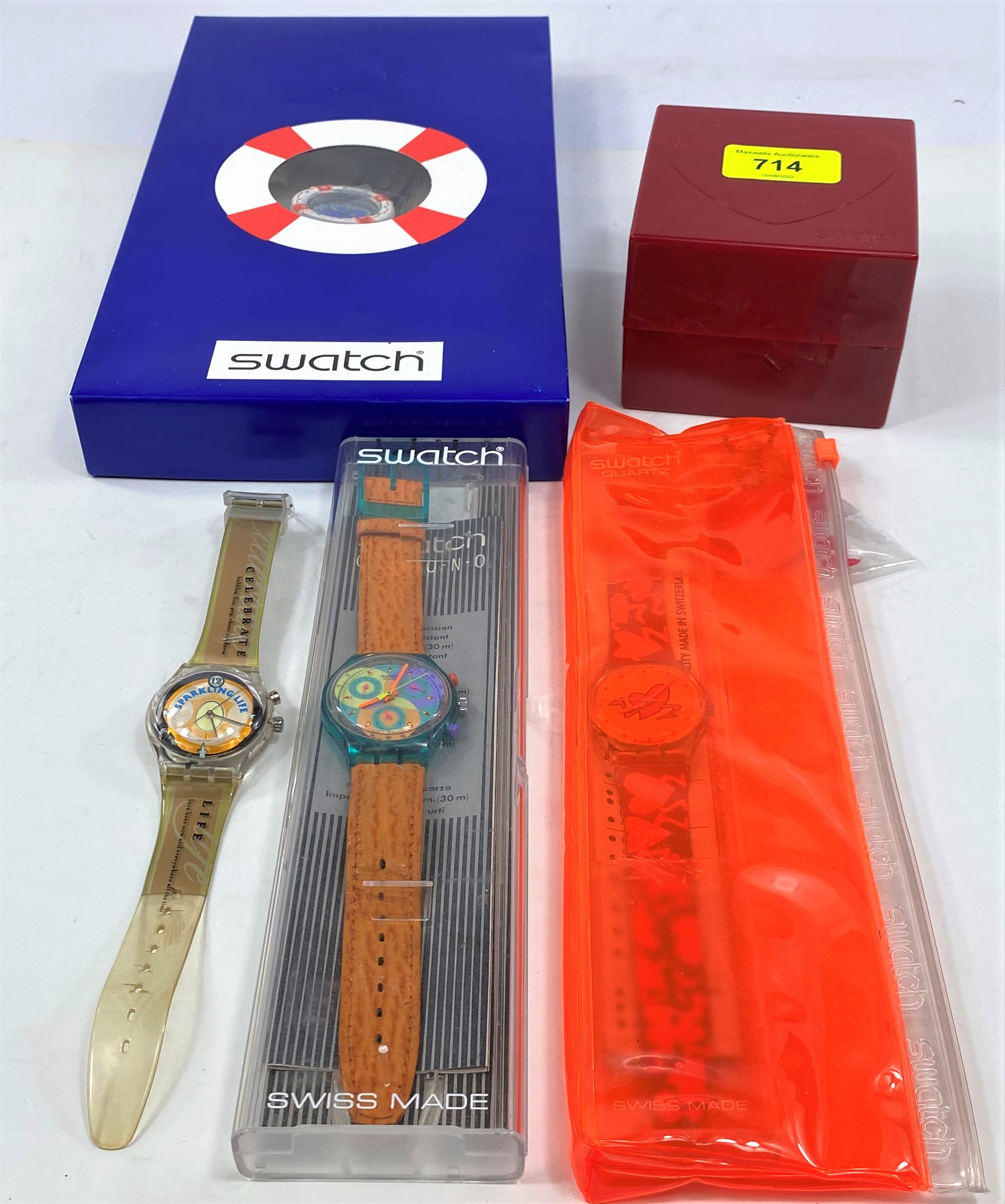 A Swatch Watch originally boxed Scuba 200 Seaside Watch No SDN 904; A Swatch Watch 1997 Valentine'
