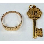 An 18th birthday key pendant; a signet ring (unmarked, tests as circa 9ct) 7.2gms.