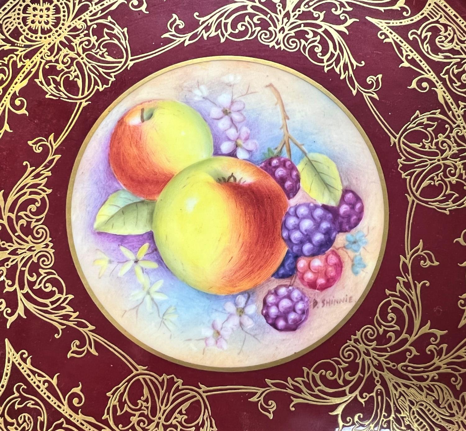 A Royal Worcester plate with hand painted central fruit panel, signed D Shinnie, red ground and - Image 3 of 4